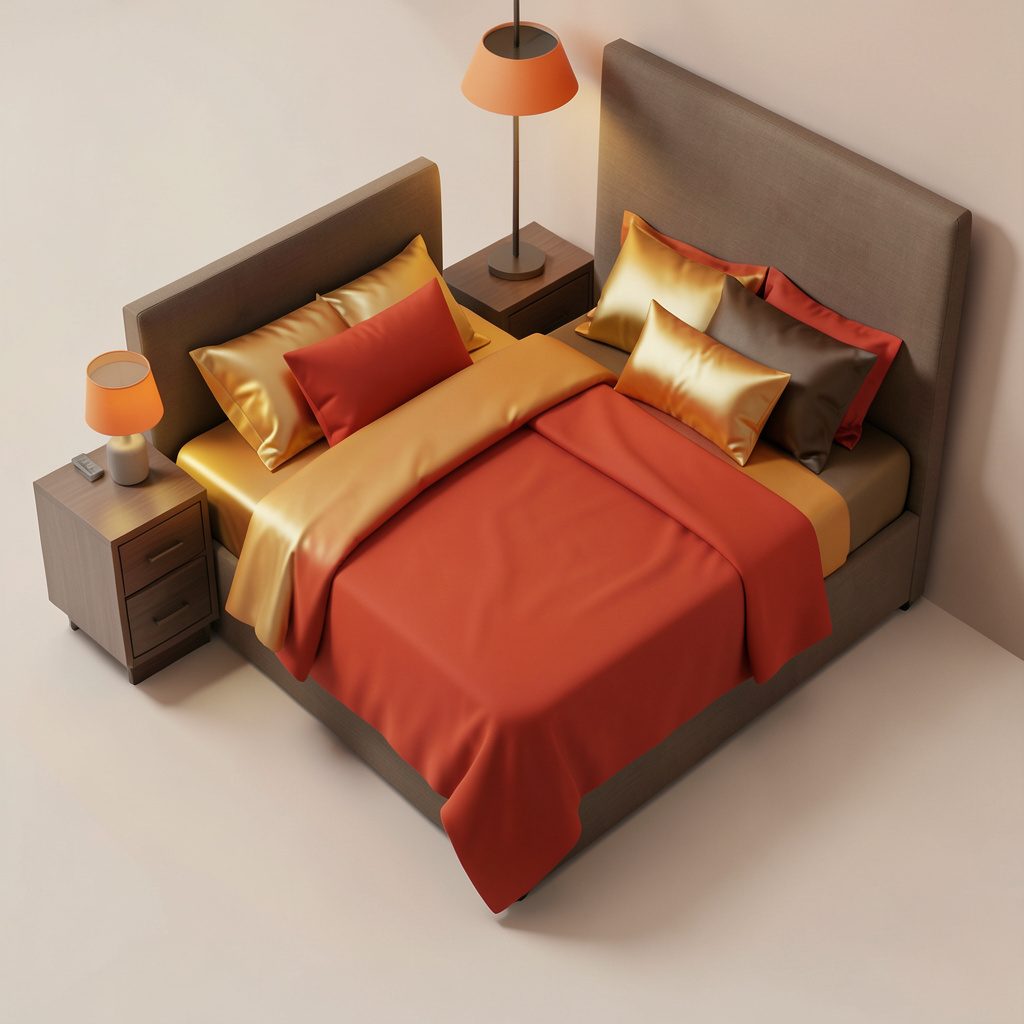 Warm fall bedroom with gold and red bedding layers, inviting and romantic mood