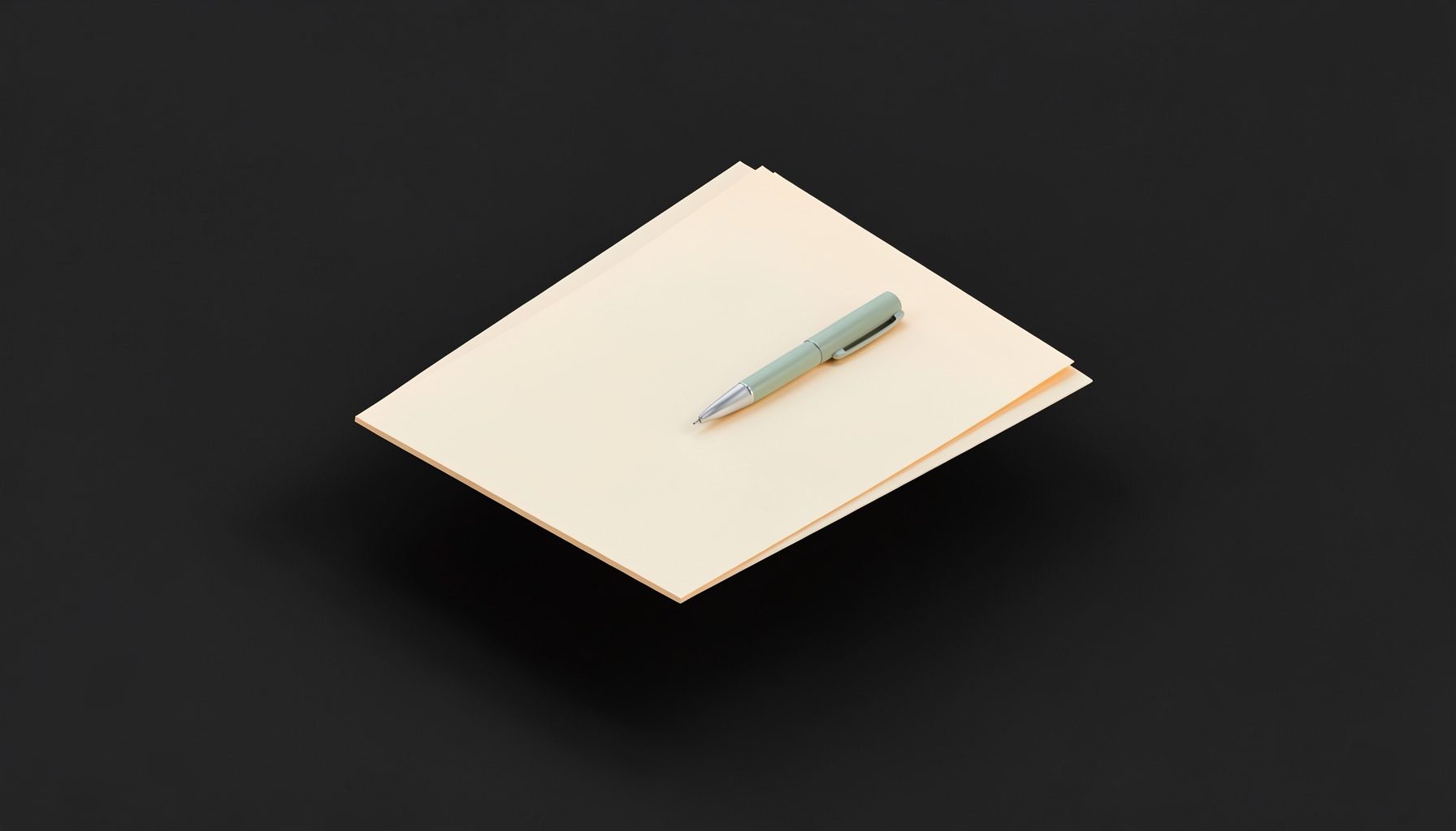 Minimalist writing surface with cream paper sheets and a sage-green pen, evoking a calm and organized home atmosphere