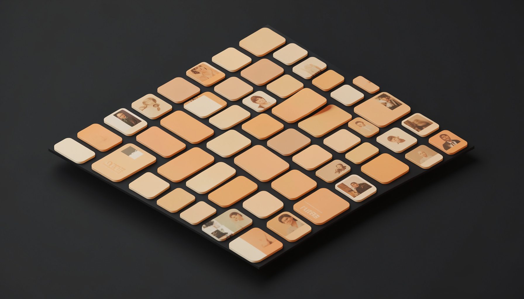 Wide gallery-style grid of rounded image placeholders in warm neutral tones, evoking a browseable product showcase