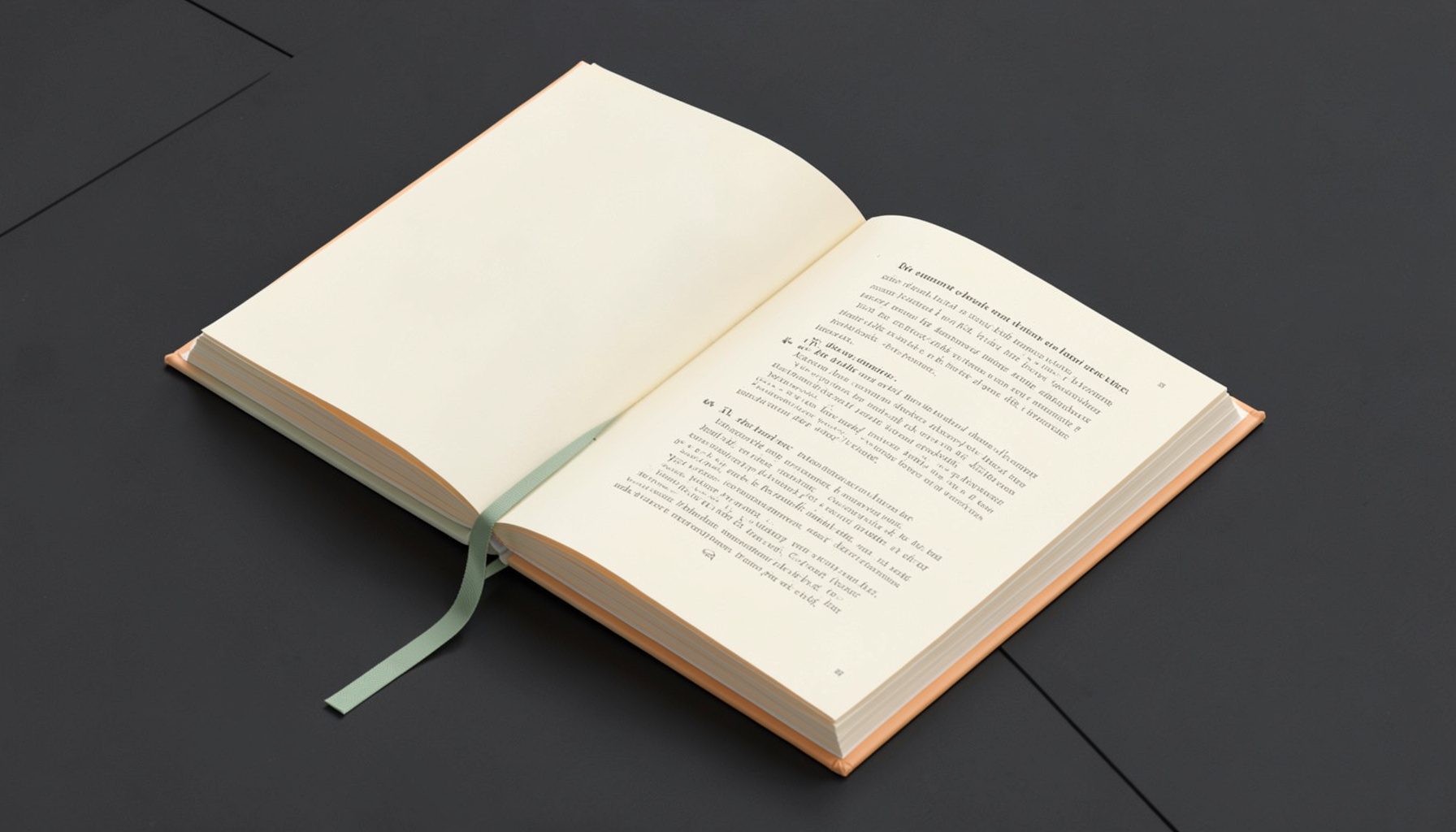 Open journal-style layout with cream pages and serif typography on a dark charcoal desk, conveying thoughtful reading and guides
