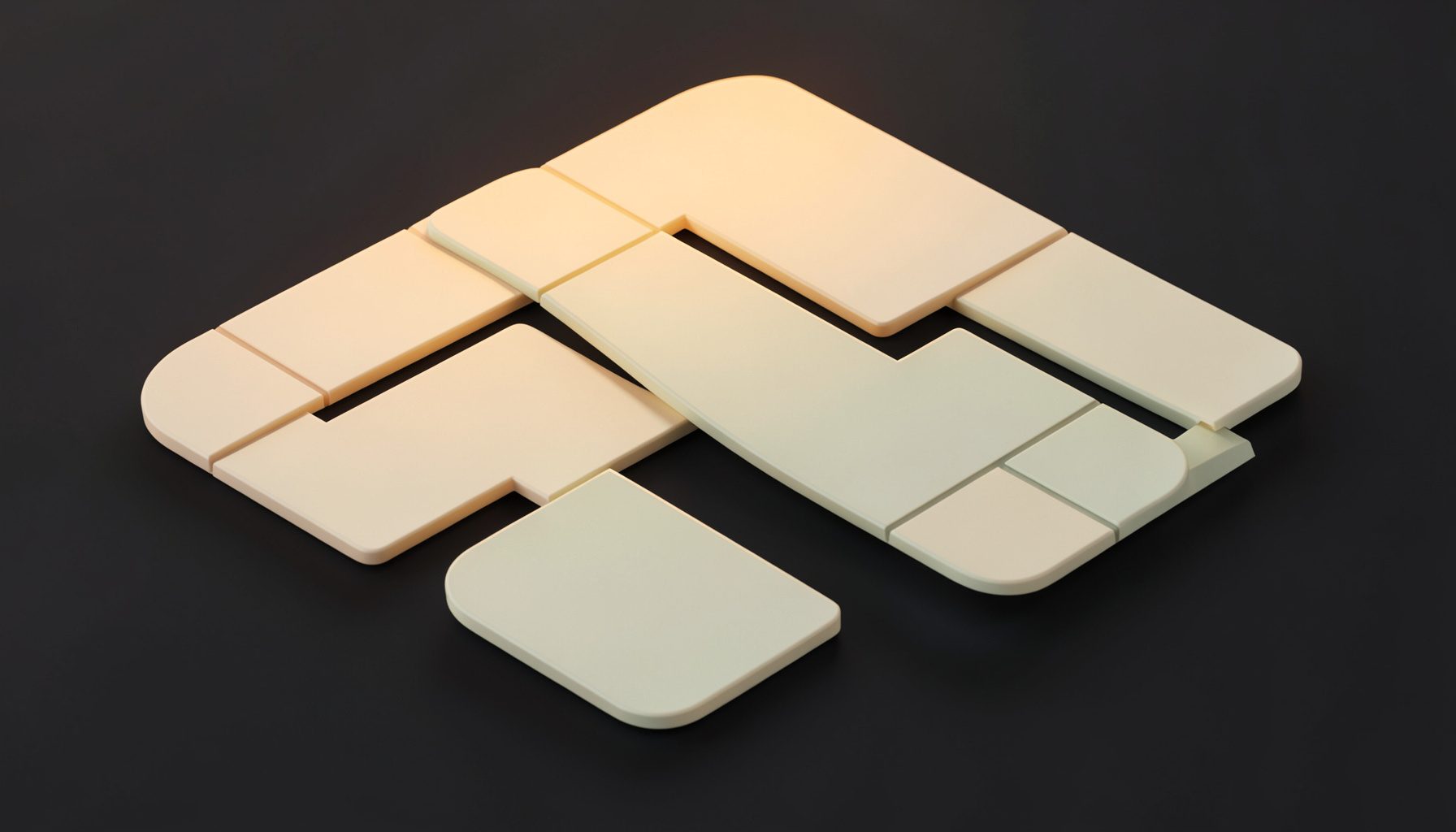 Interconnected rounded cards in cream and muted sage linked by subtle lines on deep charcoal, suggesting connected services