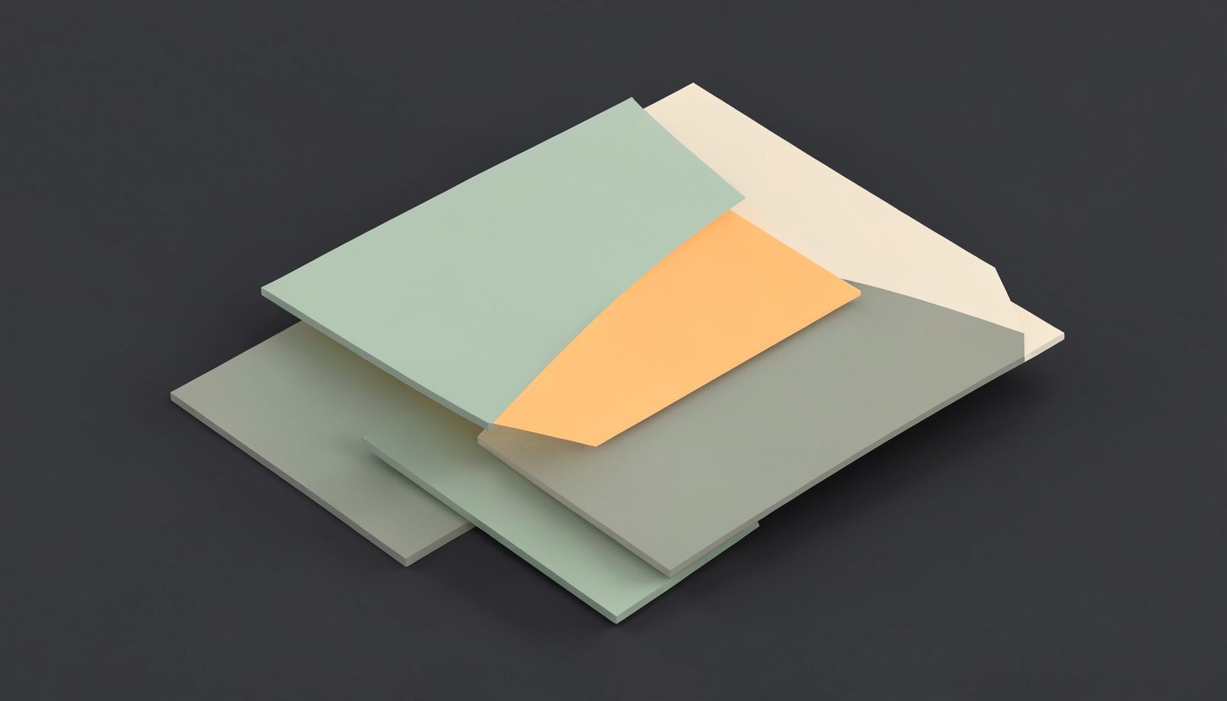 Overlapping content panels in muted sage and cream tones on a dark slate background, suggesting layered resources and tips