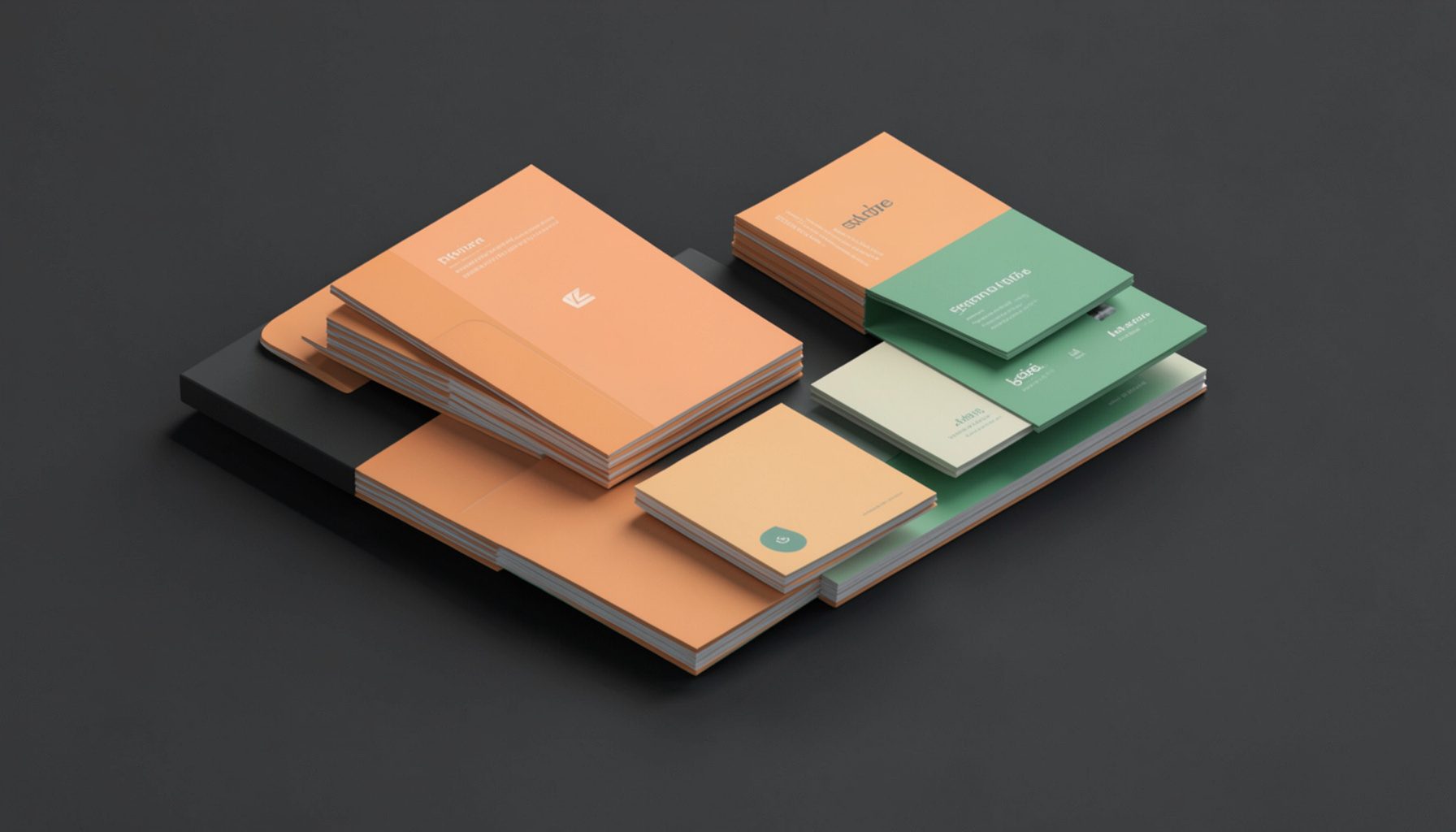 Stacked content cards with sage-green accents arranged diagonally on a deep charcoal surface, suggesting curated product selections
